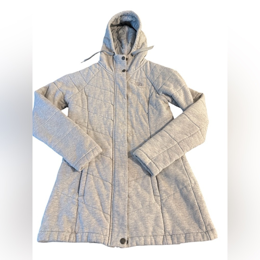 The North Face Womens Grey Quilted Hooded Parka Jacket Heathered Jersey Small